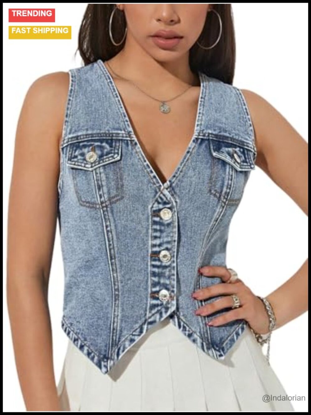 GORGLITTER Sleeveless Denim Vest Crop Top Button Down V Neck Asymmetrical